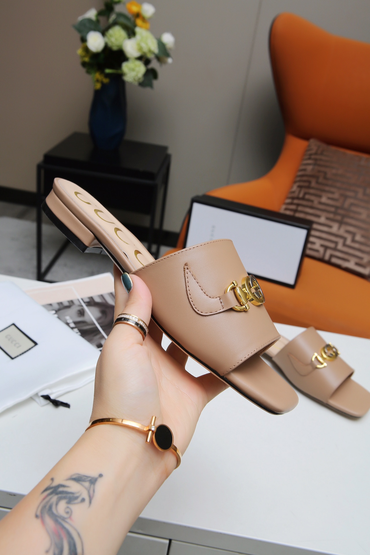 Gucci GG Leather Mules Slides Beige Classic Double G Buckle Sandals 8 i1607789047 2957 7