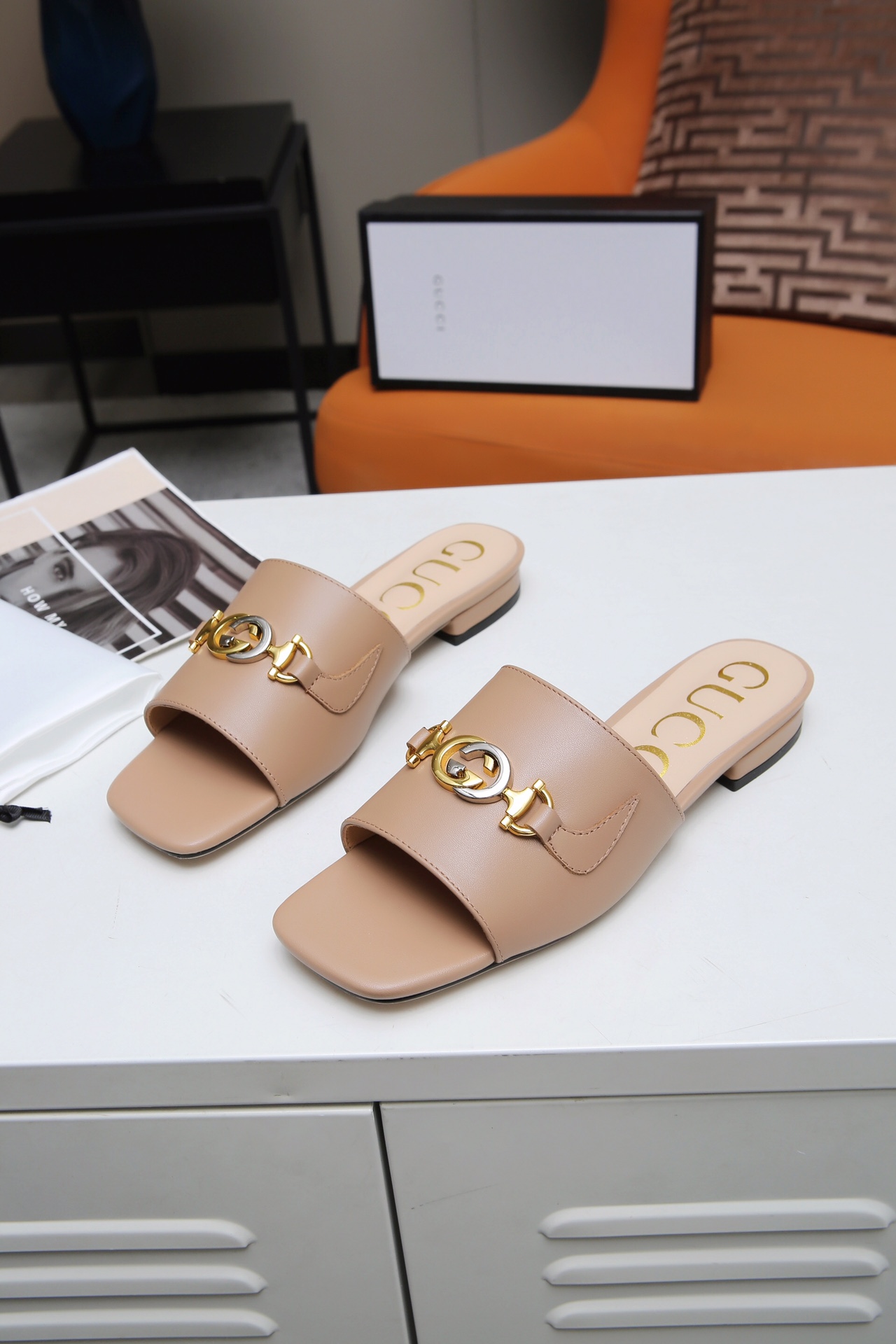 Gucci GG Leather Mules Slides Beige Classic Double G Buckle Sandals 5 i1607789047 3596 3