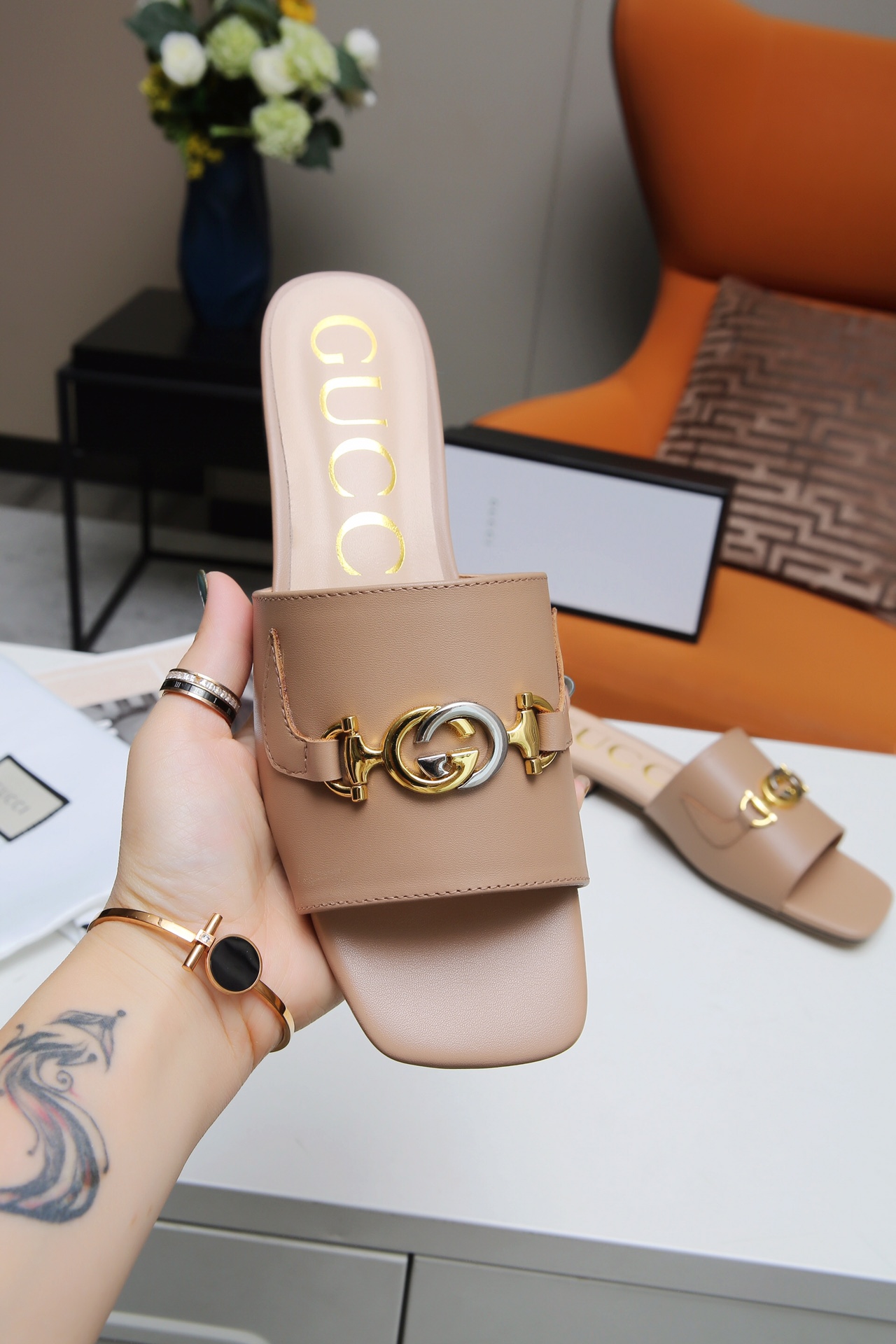 Gucci GG Leather Mules Slides Beige Classic Double G Buckle Sandals 3 i1607789047 8661 1