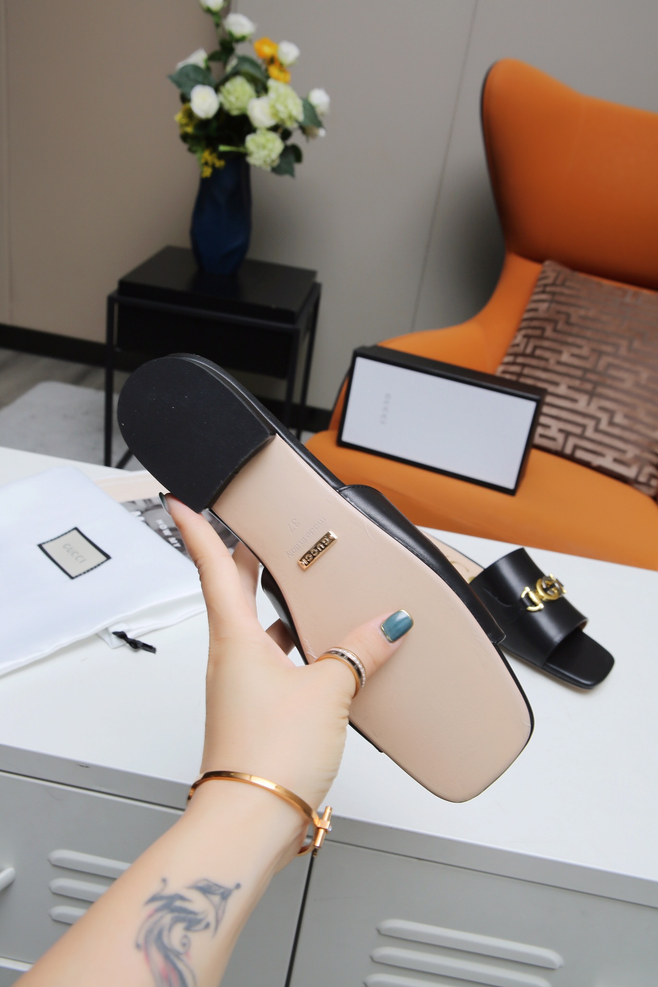 Gucci Leather Slide Sandal with Double G Gold Buckle - Comfortable Low Heel 9 i1607789228 1401 8