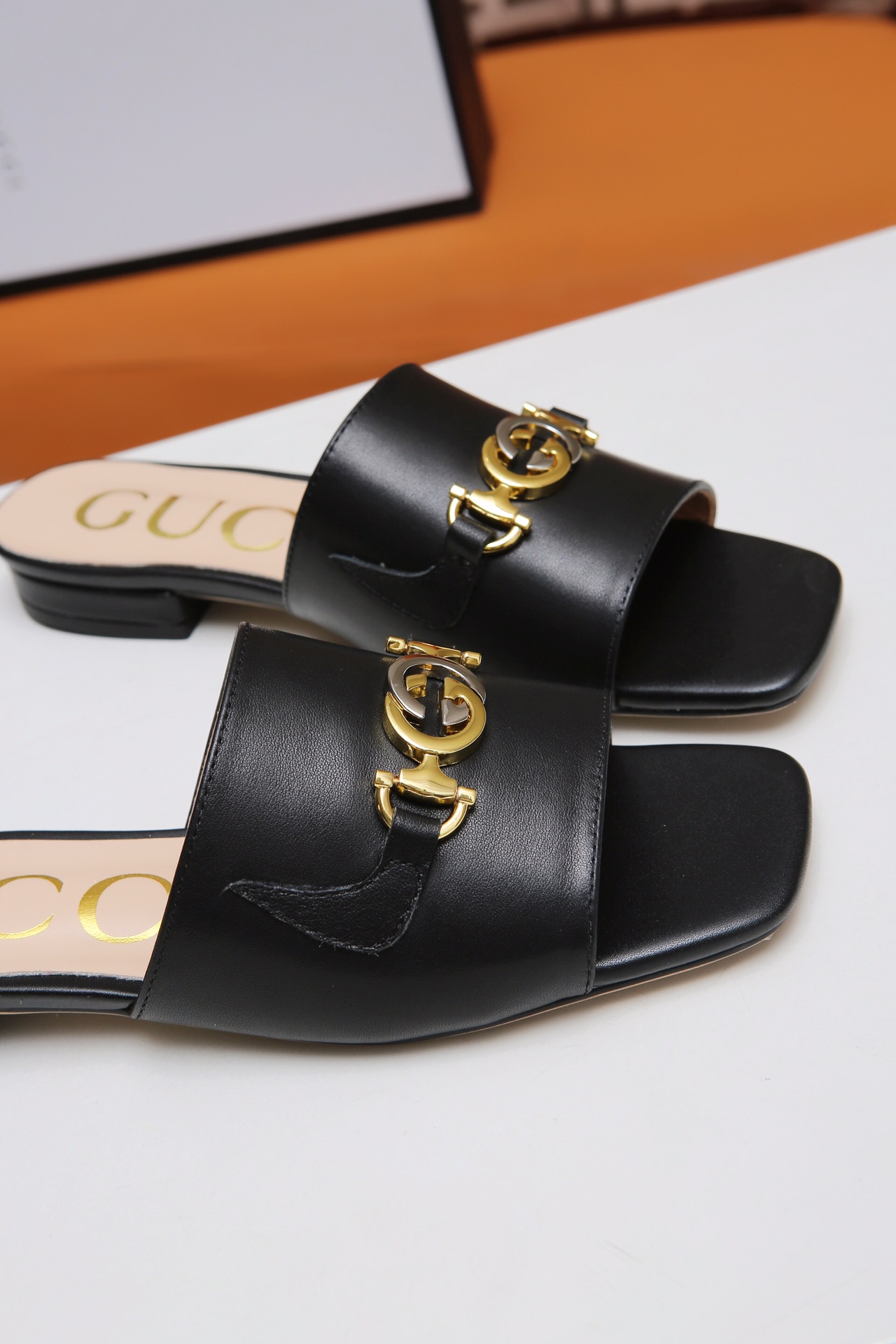 Gucci Leather Slide Sandal with Double G Gold Buckle - Comfortable Low Heel 4 i1607789228 3175 2