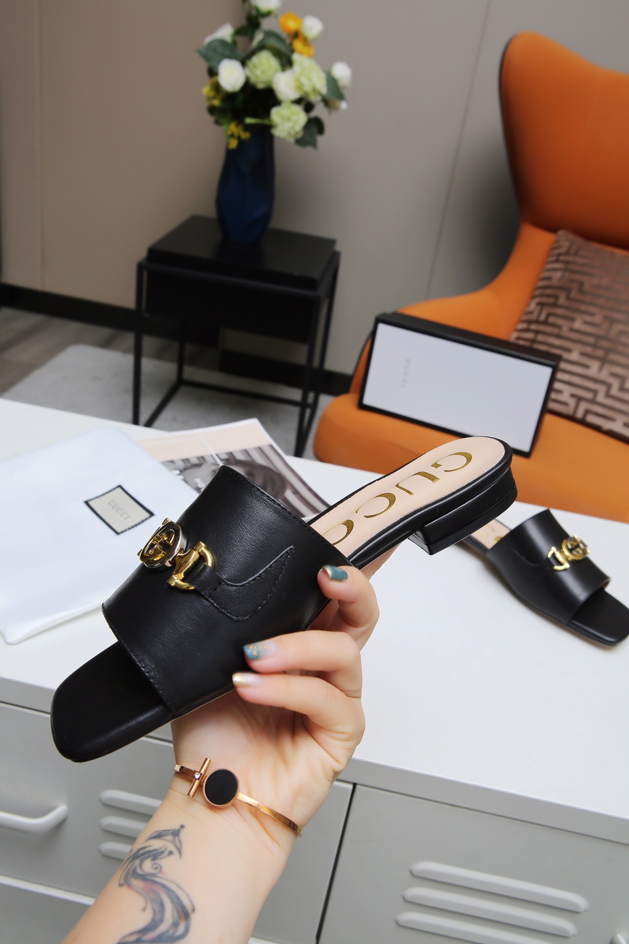 Gucci Leather Slide Sandal with Double G Gold Buckle - Comfortable Low Heel 8 i1607789228 3845 7