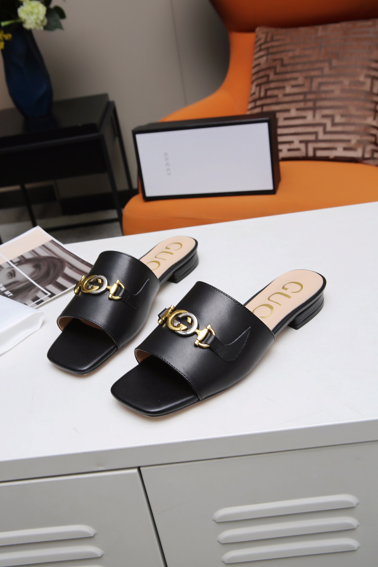 Gucci Leather Slide Sandal with Double G Gold Buckle - Comfortable Low Heel 6 i1607789228 4467 5