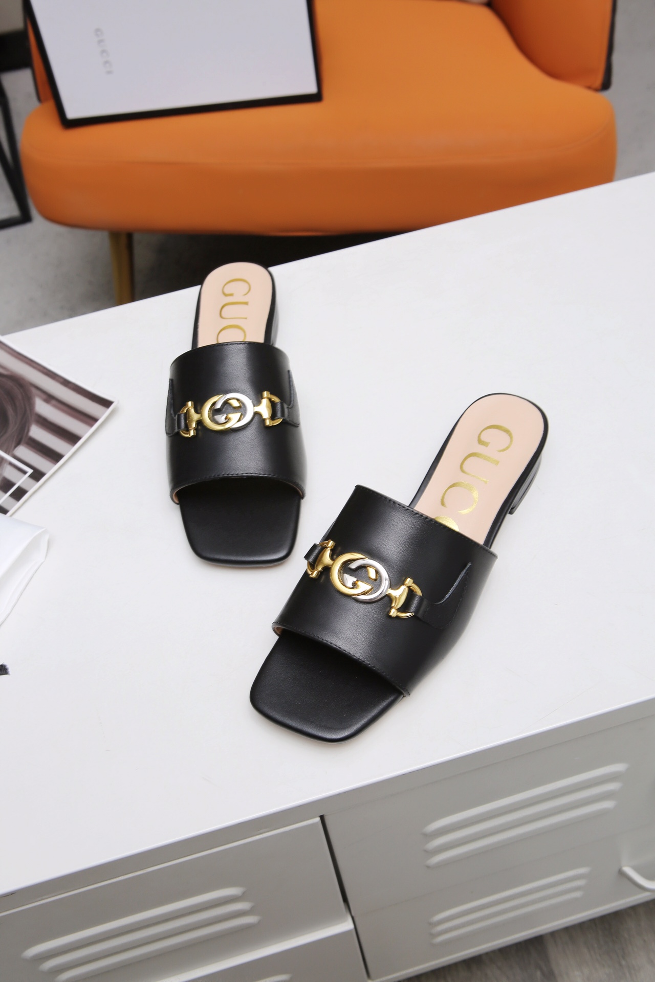 Gucci Leather Slide Sandal with Double G Gold Buckle - Comfortable Low Heel 5 i1607789228 5274 3