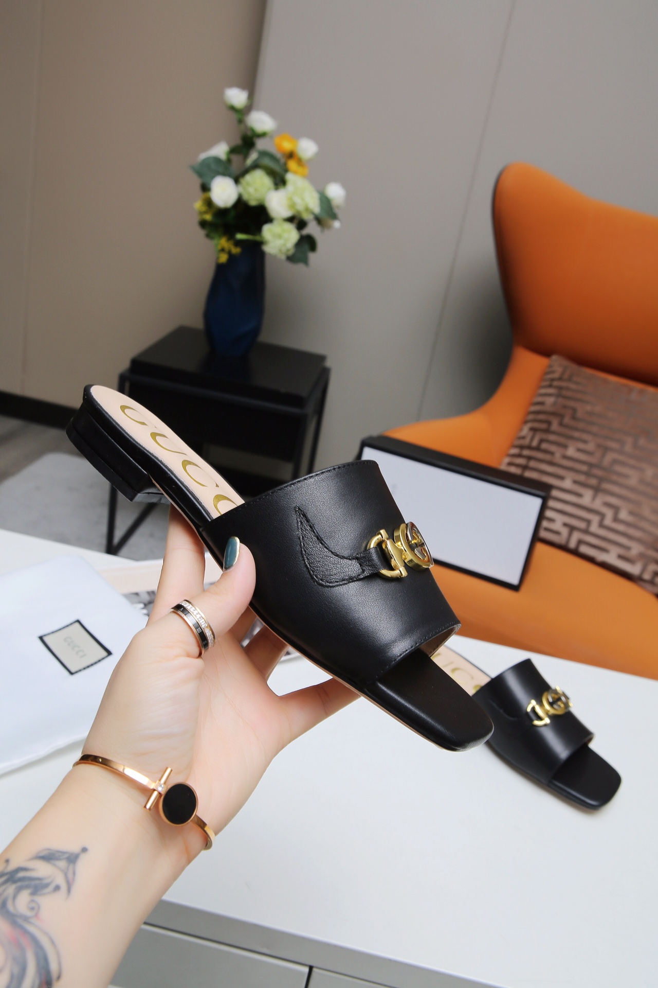 Gucci Leather Slide Sandal with Double G Gold Buckle - Comfortable Low Heel 7 i1607789228 6471 6