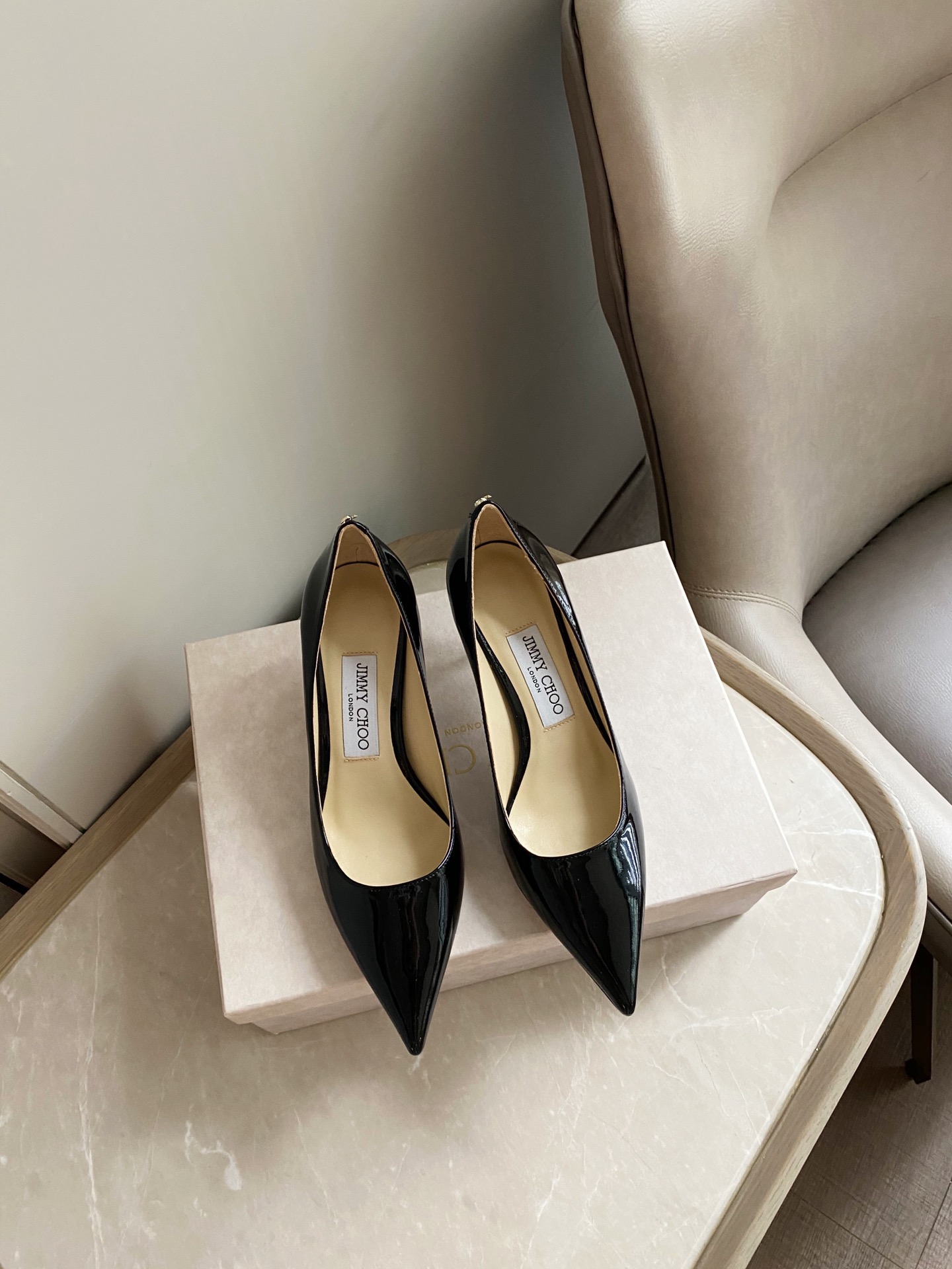 JIMMY CHOO Pointed Toe Pumps Imported Patent Leather Full-Grain Crystal Lambskin Italian Genuine Leather Outsole 1.0/6.5/8.5cm