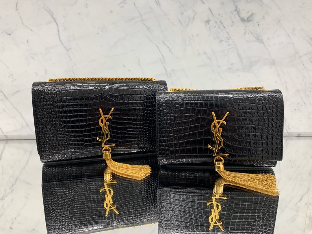 YSL 𝐊𝐚𝐭𝐞 20𝐜𝐦 鳄鱼纹流苏链条包 474366黑色/金扣