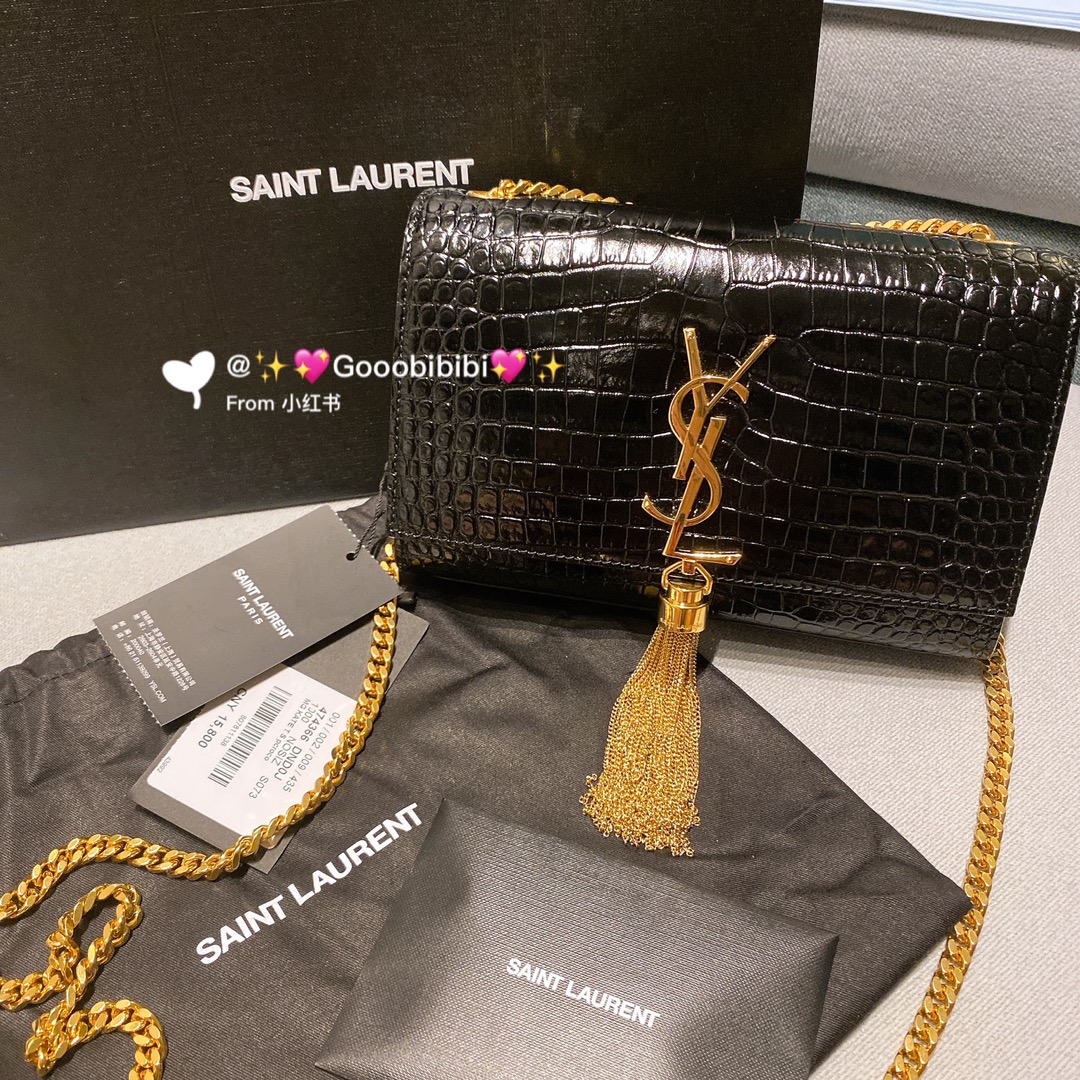 YSL 𝐊𝐚𝐭𝐞 20𝐜𝐦 鳄鱼纹流苏链条包 474366黑色/金扣