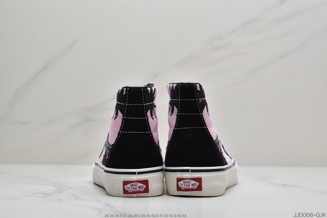 130 公司级万斯海外代购官网预售Vans SK8-Hi 黑粉棕榈叶 高帮休闲帆布鞋