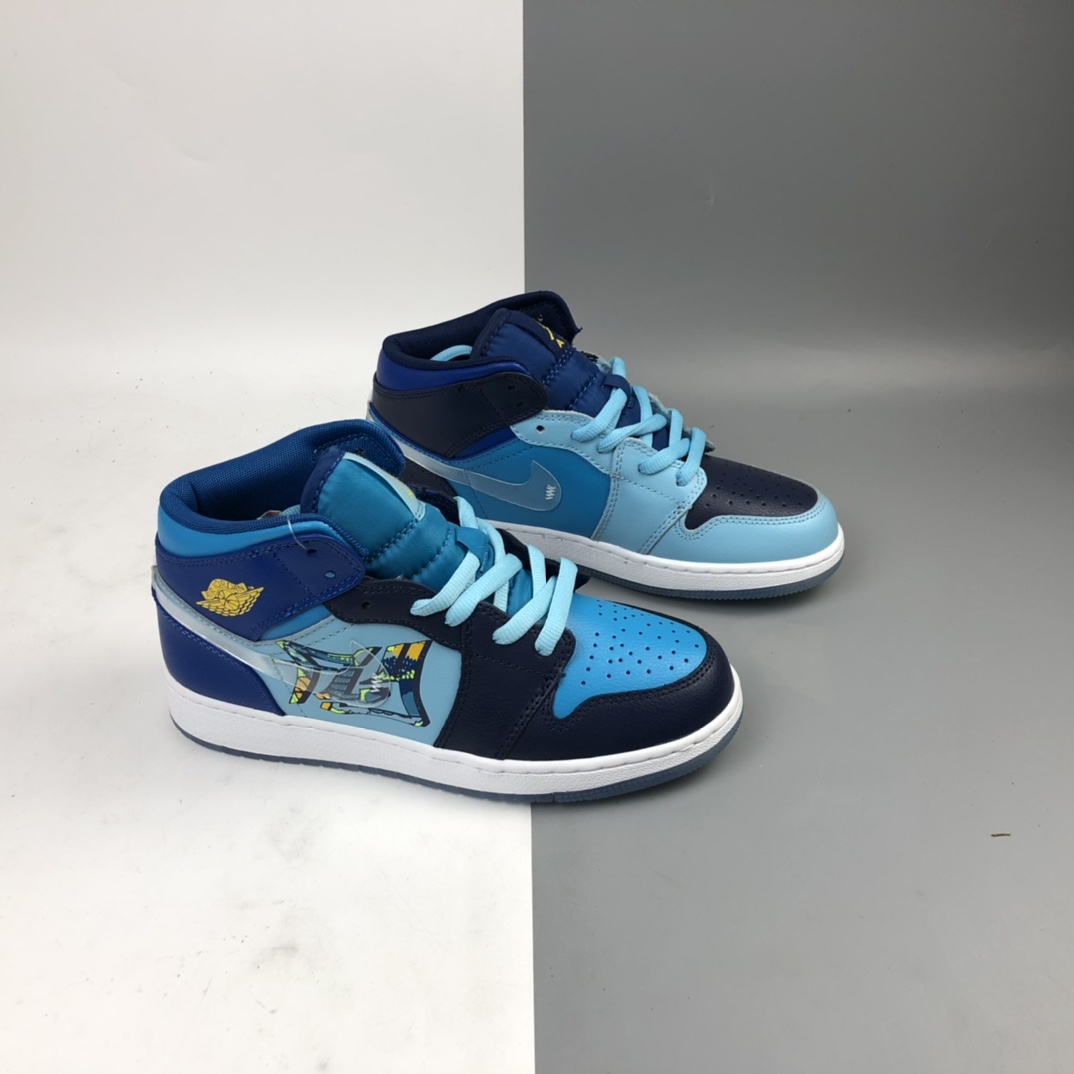 240 Air Jordan 1 Mid Gs FLY 冰蓝鸳鸯 AJ1 乔1 中帮百搭休闲运动板鞋 BV7446-400
