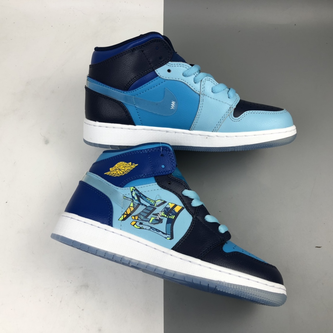 240 Air Jordan 1 Mid Gs FLY 冰蓝鸳鸯 AJ1 乔1 中帮百搭休闲运动板鞋 BV7446-400