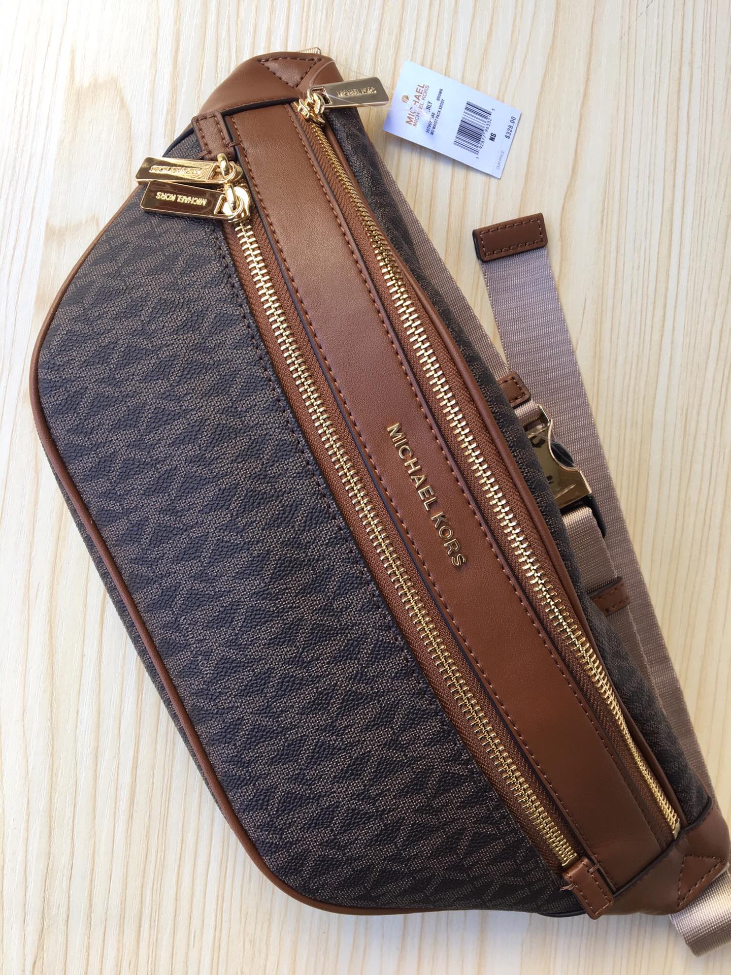 Michael Kors Michael kors mk新款 老花男女士腰包，棕色，白色，尺寸36×15×6