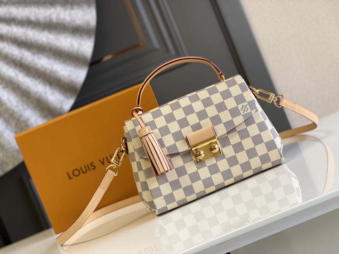 Louis Vuitton LV Croisette mirror quality
 Bags Handbags Gold Pink Damier Azur Canvas Cowhide Fabric