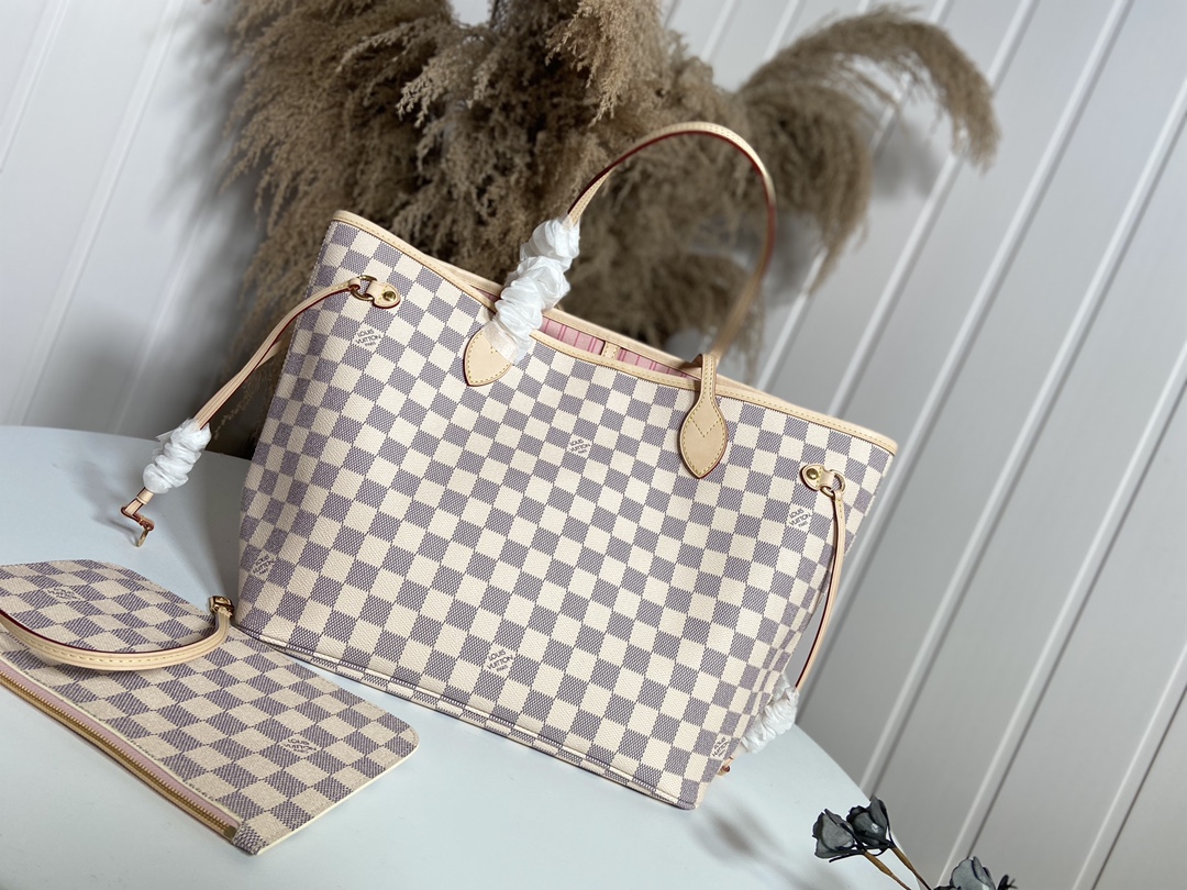 Louis Vuitton LV Neverfull Bags Handbags Apricot Color Pink White Damier Azur Fashion N41605