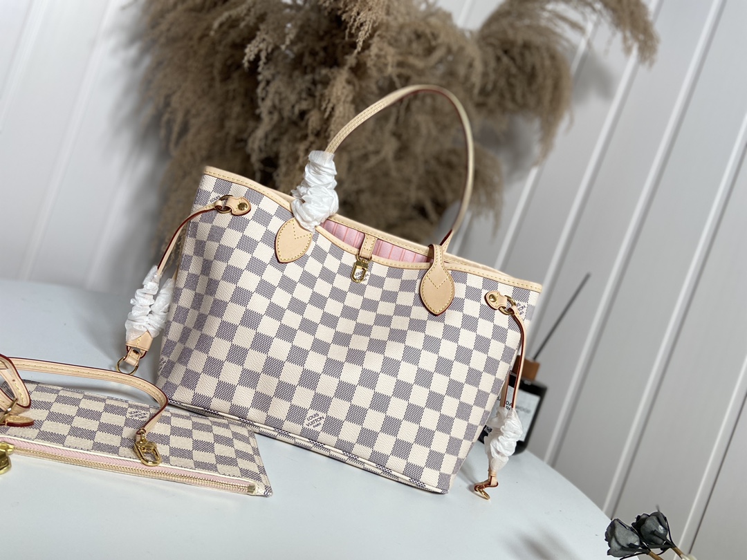 Louis Vuitton LV Neverfull Handbags Tote Bags Pink Red White Damier Azur N41245