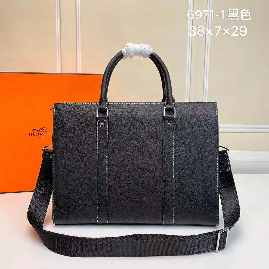 Hermes Men's Leather Briefcase Handbag, Top-Quality Italian Leather, Black, 38x7x29 2 a1608534639564 6682