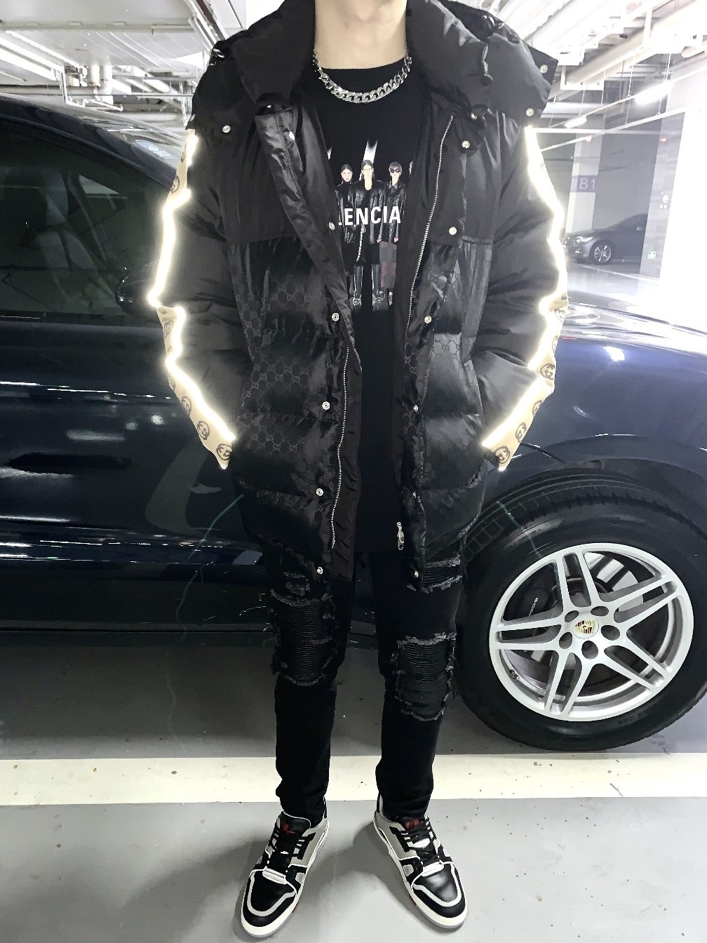 Gucci/古驰20Fw反光G提花条纹羽绒服 上身效果#