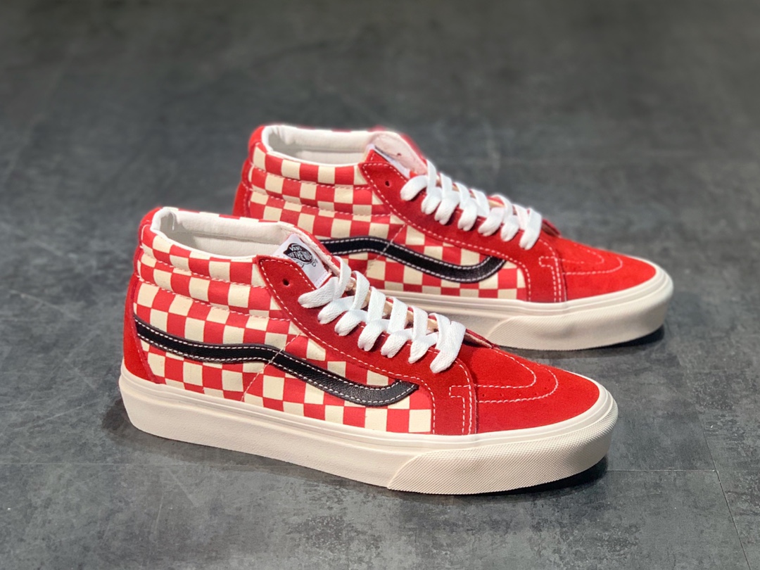160 Vans SK8-Mid 酒红中帮棋盘格硫化板鞋