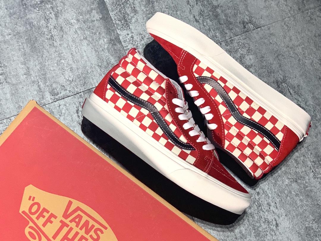 160 Vans SK8-Mid 酒红中帮棋盘格硫化板鞋