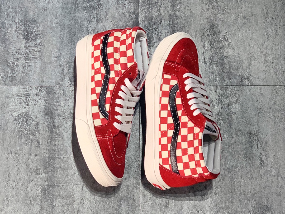 160 Vans SK8-Mid 酒红中帮棋盘格硫化板鞋