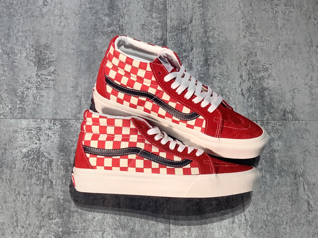 160 Vans SK8-Mid 酒红中帮棋盘格硫化板鞋