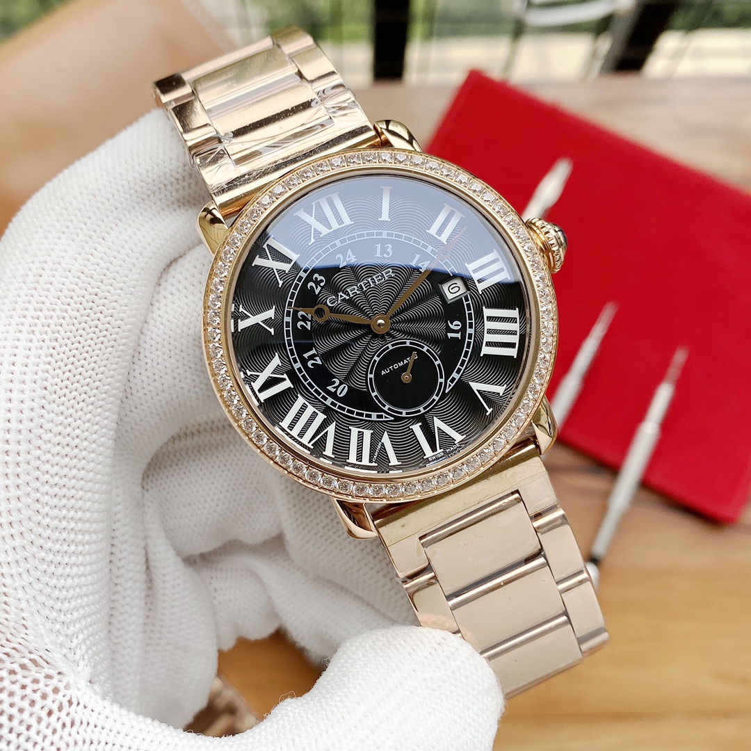 Cartier 男士腕表 - 全自動機械、316L精鋼、真皮表帶