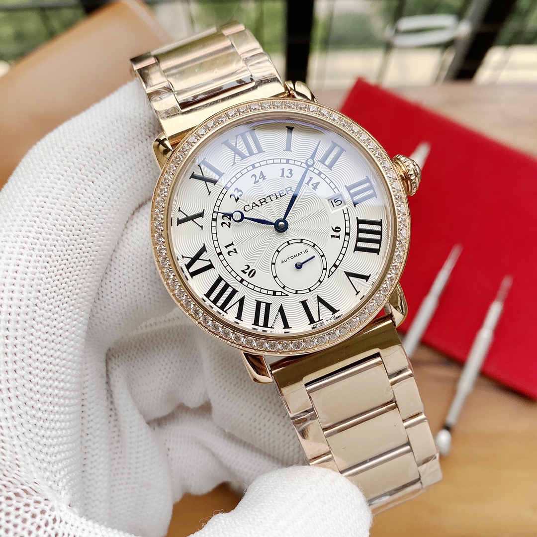 Cartier 男士腕表 - 全自動機械、316L精鋼、真皮表帶