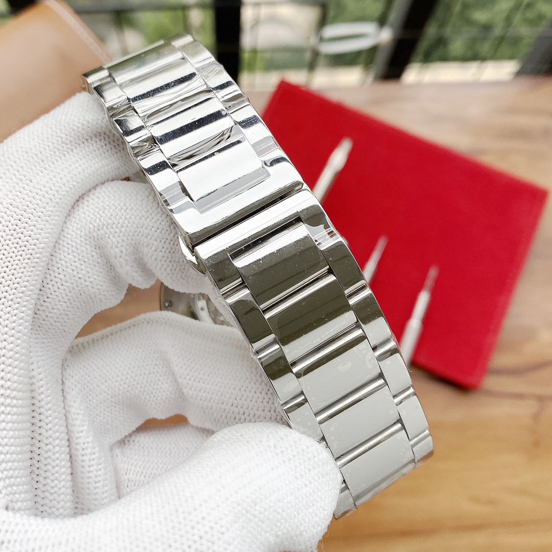 Cartier 男士腕表 - 全自動機械、316L精鋼、真皮表帶