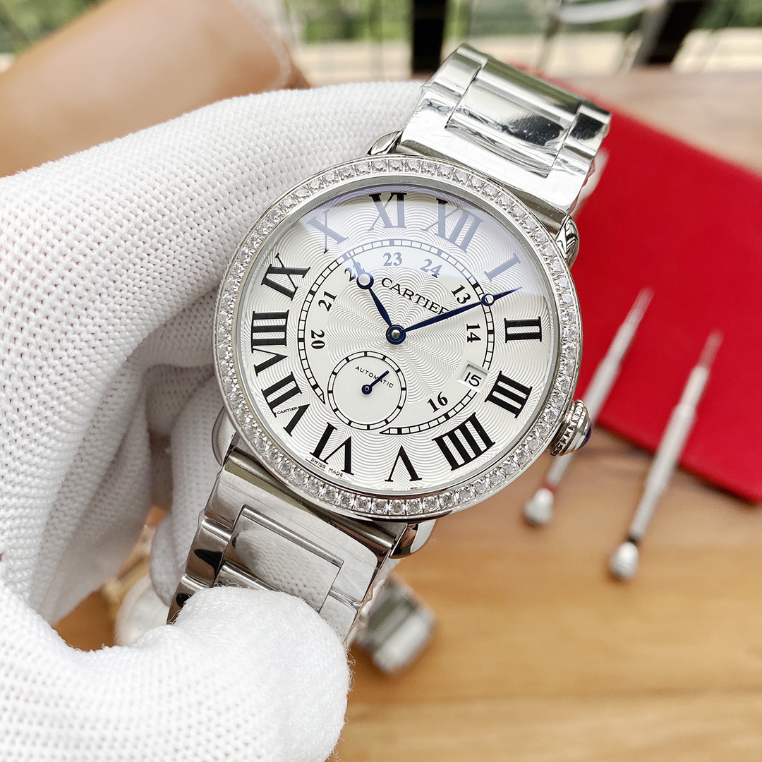 Cartier 男士腕表 - 全自動機械、316L精鋼、真皮表帶