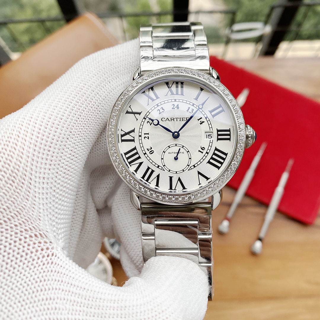 Cartier 男士腕表 - 全自動機械、316L精鋼、真皮表帶