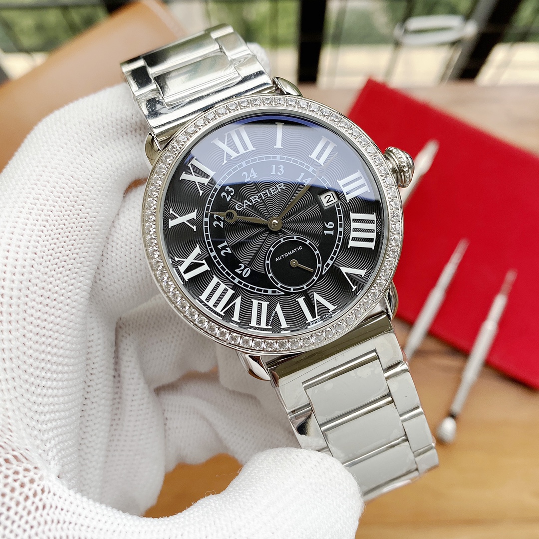 Cartier 男士腕表 - 全自動機械、316L精鋼、真皮表帶