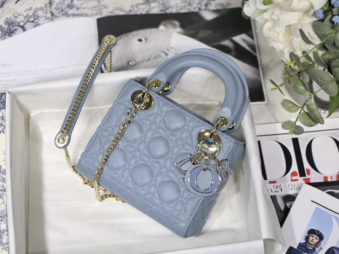 Light Blue Lambskin Cannage Mini Handbag with Chain Strap and Enamel Charm