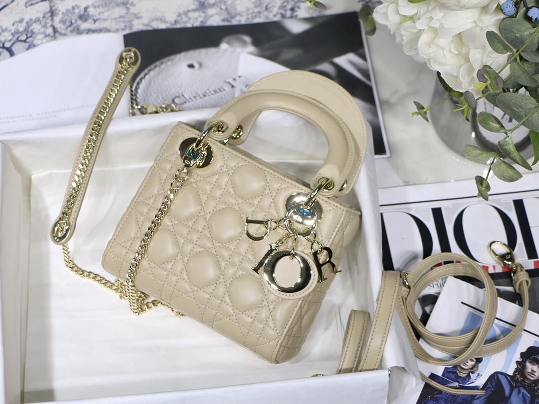 Lady Dior Bag Apricot Lambskin Cannage Double Strap Chain