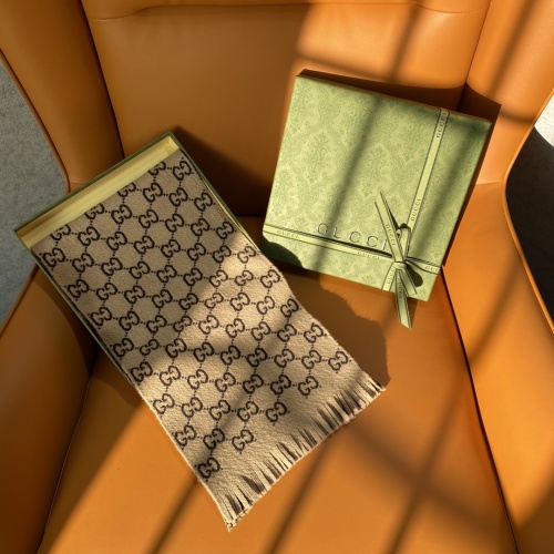 Gucci Beige & Brown Wool Scarf with GG Pattern and Fringe - 190 x 25 cm