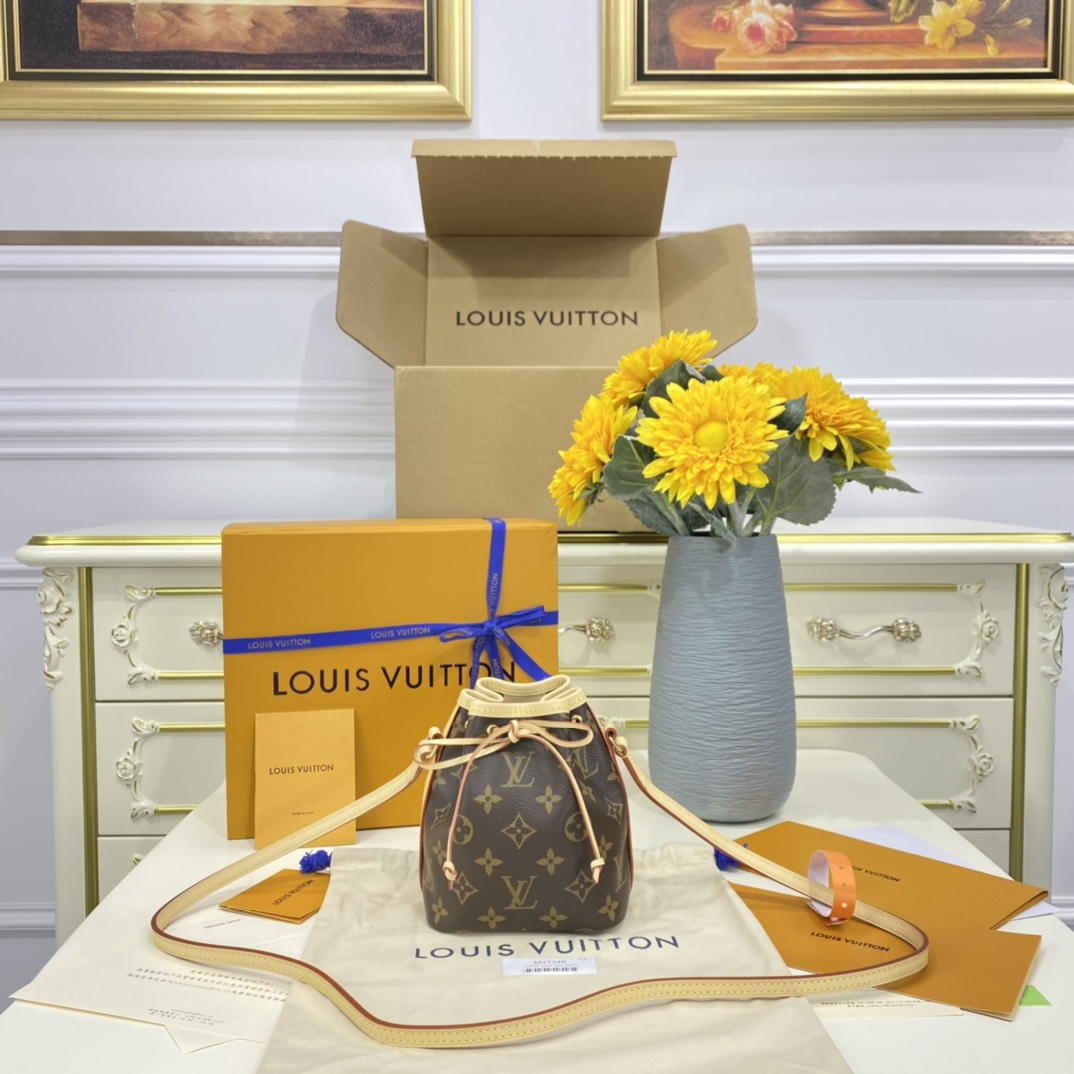Louis Vuitton LV Nano Noe Handbags Bucket Bags Gold Monogram Canvas Cowhide Fabric Mini M41346