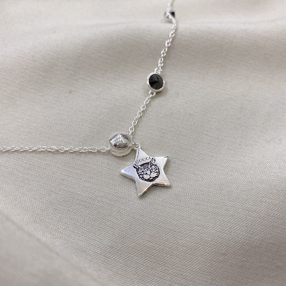 NO:101732,Gucci Gucci 925 sterling silver five-pointed star cat black spinel necklace size 42cm, Gucci necklace, gucci, gucci, necklace, pure silver19860909Gucci古奇925纯银五角星猫咪黑色尖晶石项链 尺寸42cm,古驰项链,gucci,gucci,necklace,pure silver,Jewelry