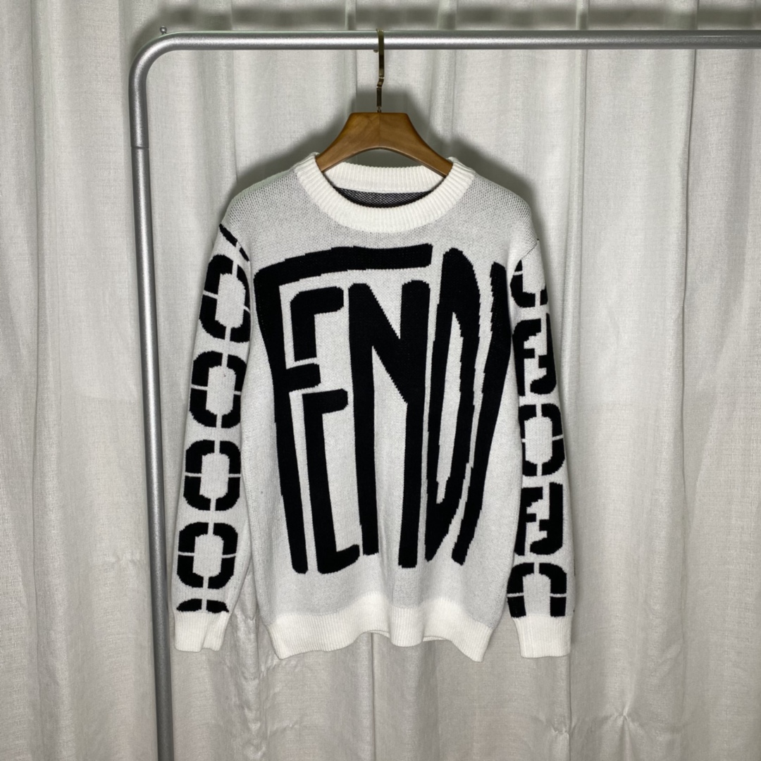 FD crew neck FD letter logo jacquard pullover sweater, black, white, S M L XL XXL