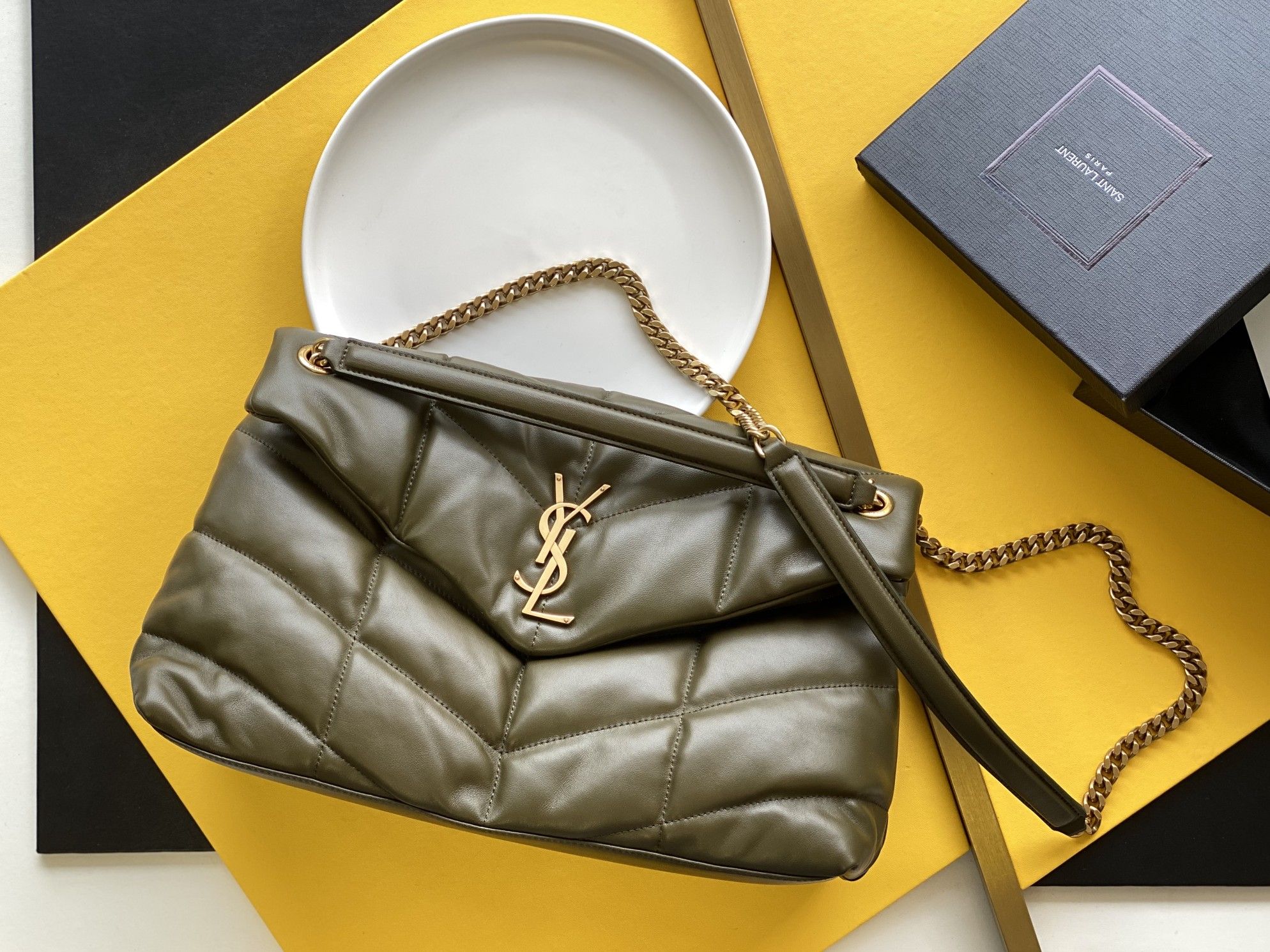 LOULOU PUFFER Quilted Lambskin Bag Gold Chain Olive Green