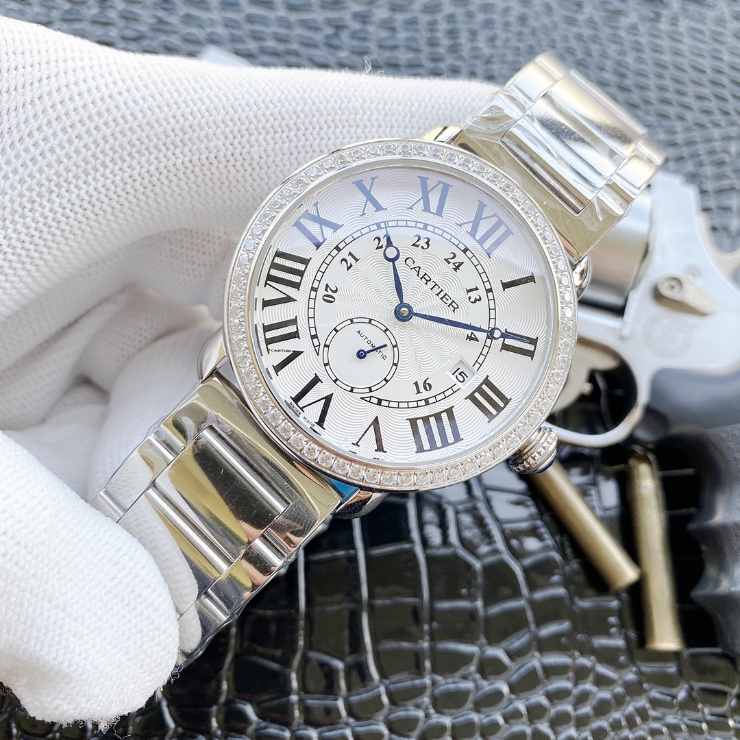 カデイア 男性用2針半自動機械時計 - 高級小牛皮ベルト