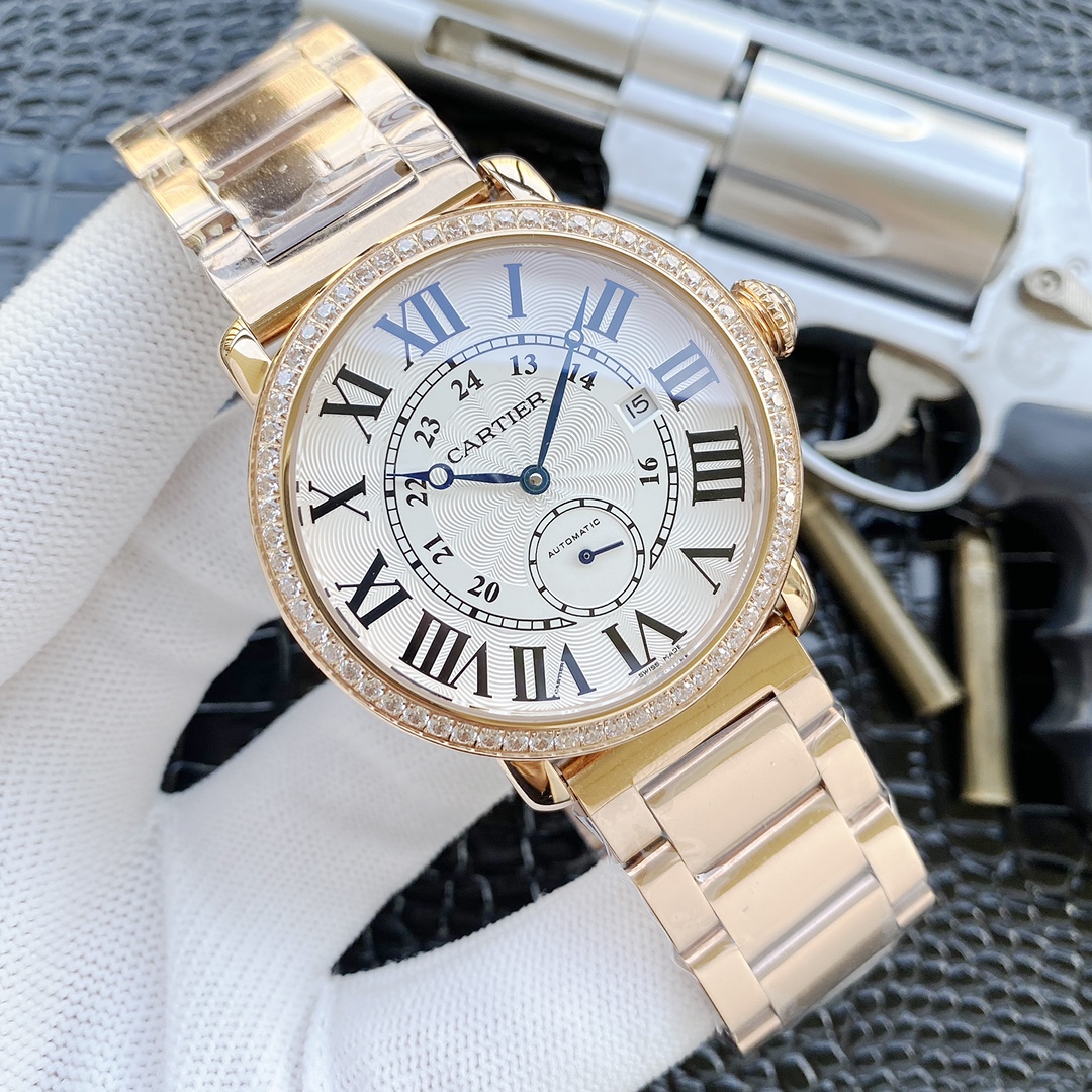 カデイア 男性用2針半自動機械時計 - 高級小牛皮ベルト