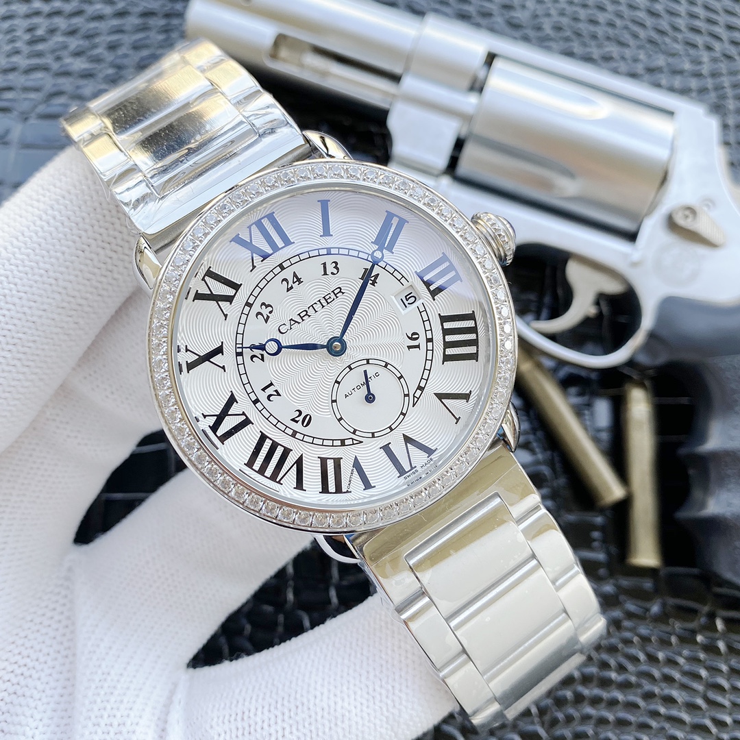 カデイア 男性用2針半自動機械時計 - 高級小牛皮ベルト