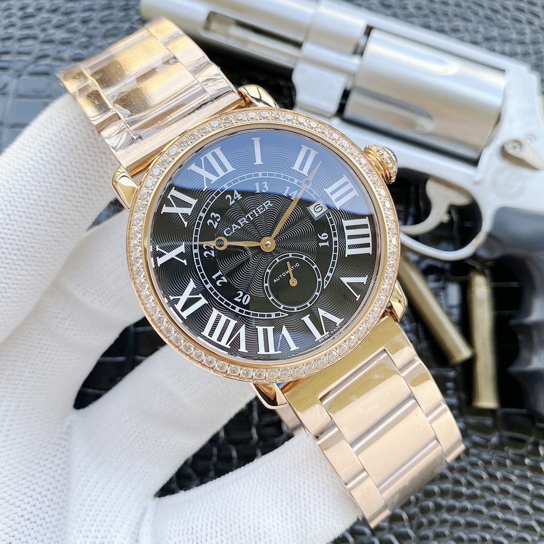 カデイア 男性用2針半自動機械時計 - 高級小牛皮ベルト