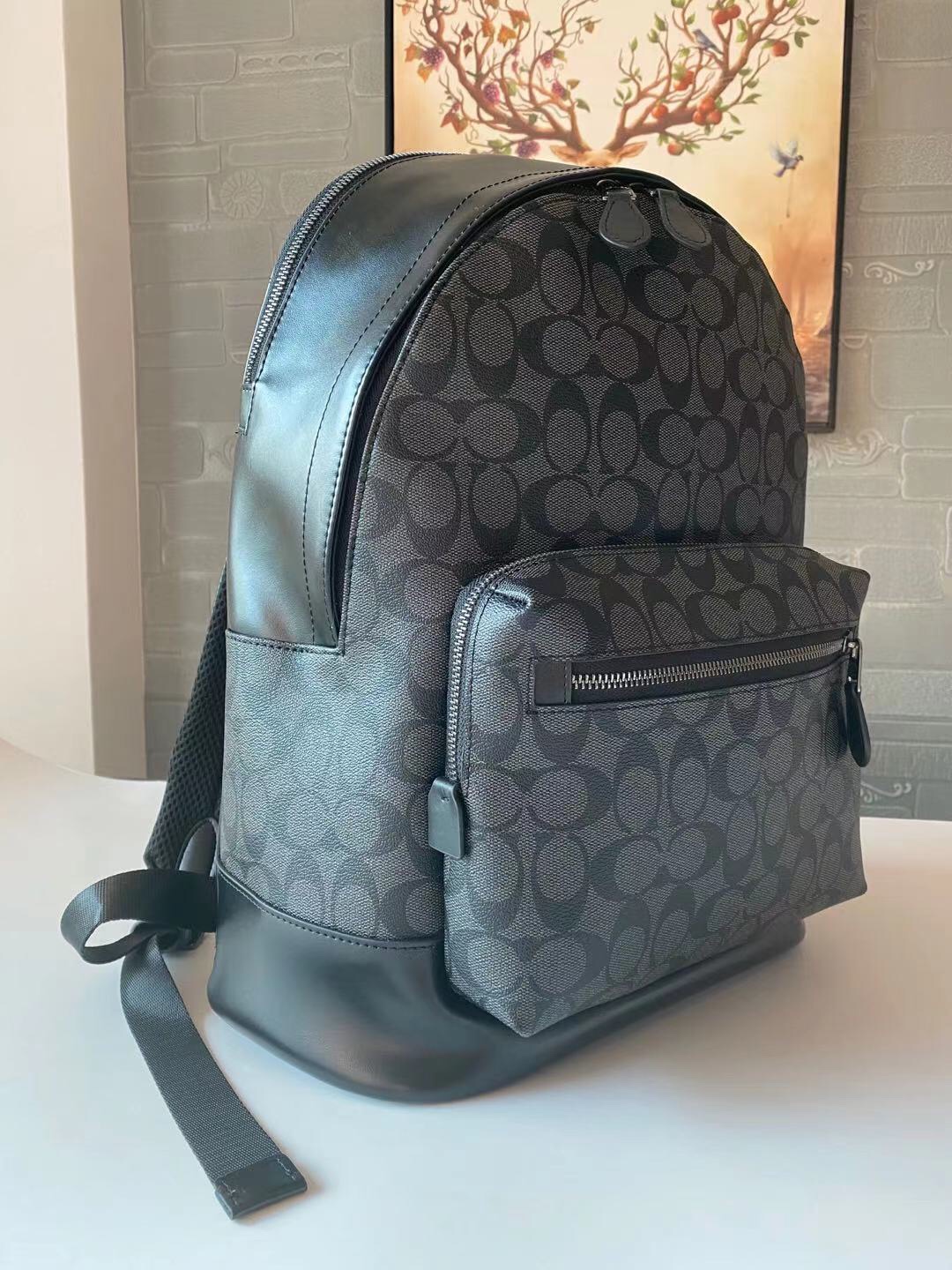 Coach 蔻驰coach 3001条纹 2736黑色 west瘦版 PVC配头层牛皮、男士新款双拉链双肩包/书包/背包/旅行包