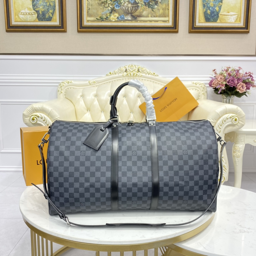 Louis Vuitton LV Keepall Travel Bags Black Grid Gold White Damier Azur Canvas Cotton Cowhide M41429