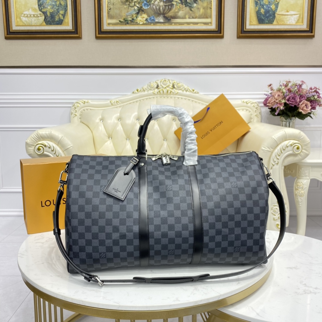 Top quality Fake
 Louis Vuitton LV Keepall Travel Bags Black Grid Coffee Color Gold Damier Azur Canvas Cotton Cowhide n41426