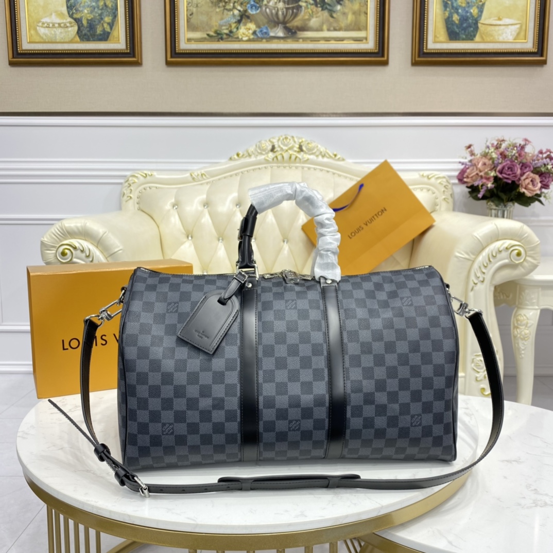 AAA+ Replica
 Louis Vuitton LV Keepall Cheap
 Travel Bags Black Grid Gold White Damier Azur Canvas Cotton Cowhide M41430