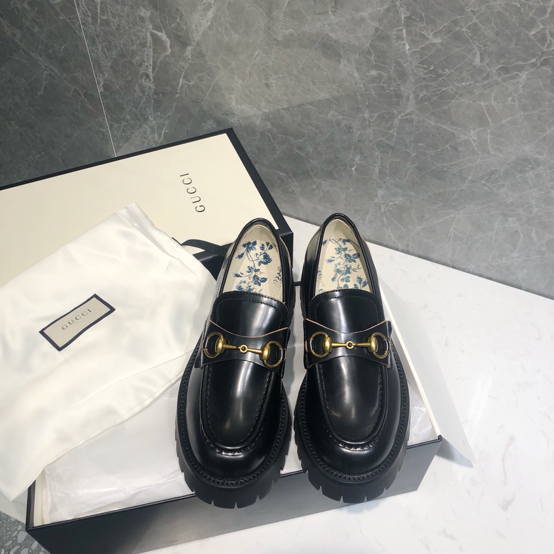 GUCCI Loafers Black Leather Platform Horsebit