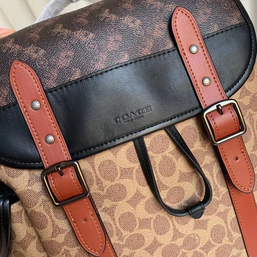 Coach coach c1059 新款男士马车图案印花涂层HUDSON翻盖双肩包 马车图案拼头层牛皮背包