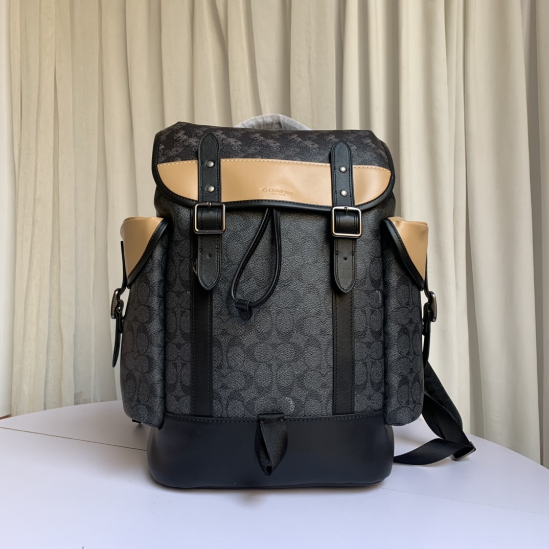 Coach coach c1059 新款男士马车图案印花涂层HUDSON翻盖双肩包 马车图案拼头层牛皮背包
