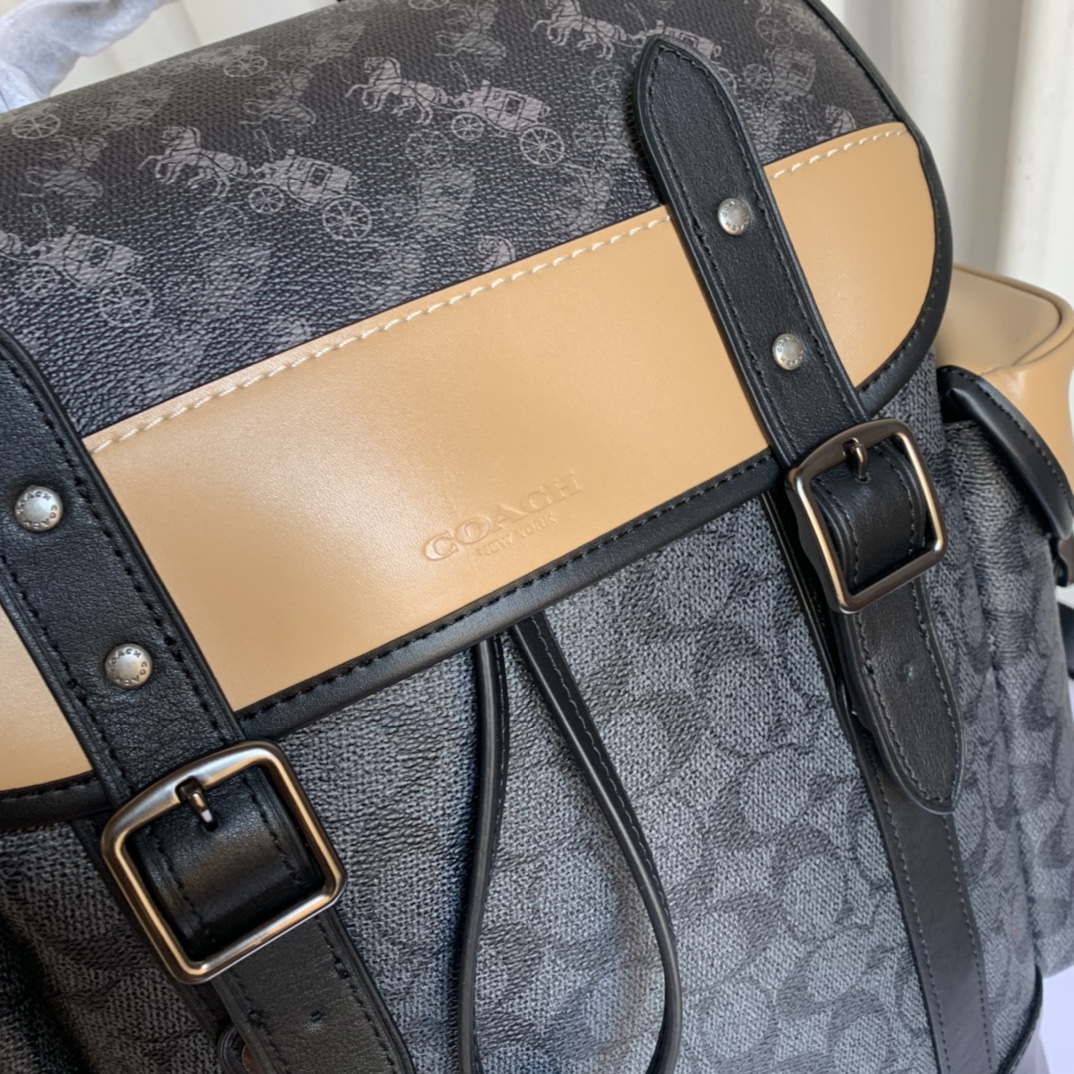 Coach coach c1059 新款男士马车图案印花涂层HUDSON翻盖双肩包 马车图案拼头层牛皮背包